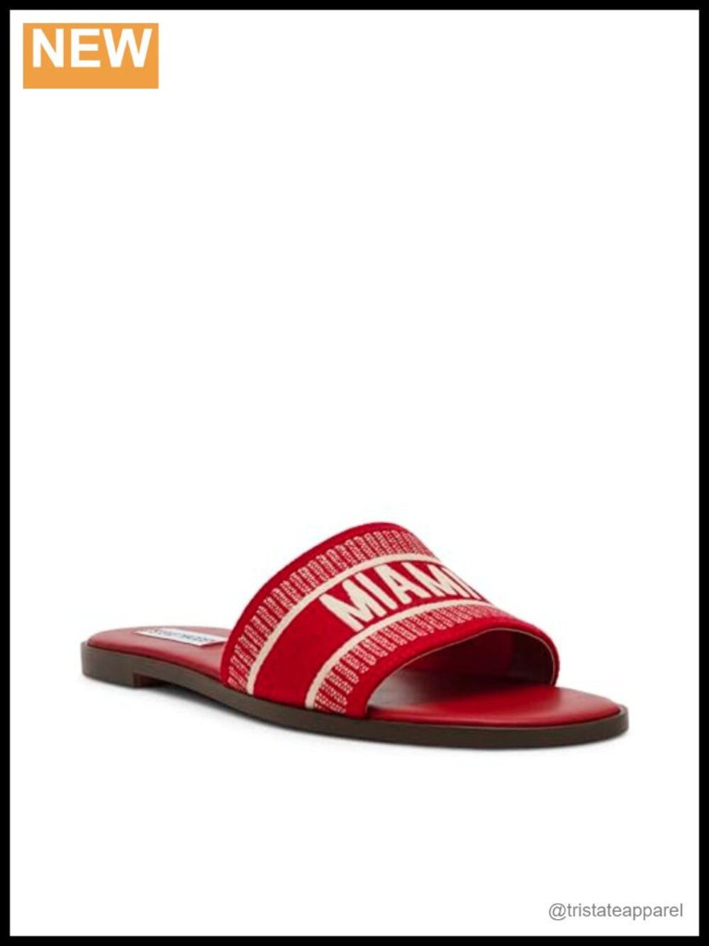Women's Flat Slide Sandal Woven Strap Text Design Vegan Leather